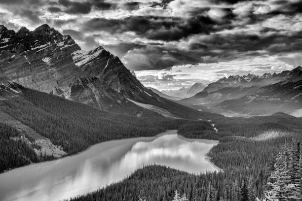 istock Peyto Lake with heavy clouds in Black and White 1045382912