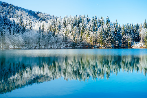Beautiful winter in Alps, Lago di Fusine valley, Italy. Europe; outdoor photography. Nikon.