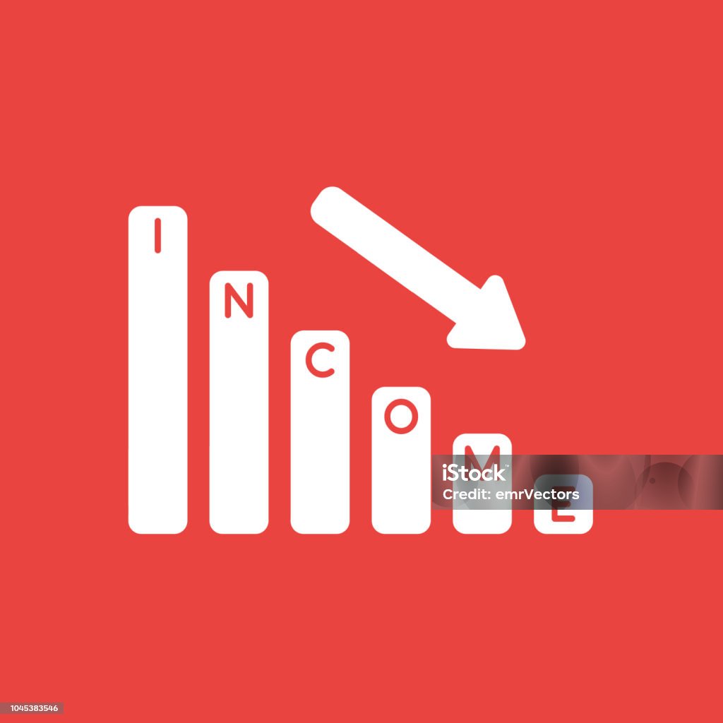 Vector icon concept of income sales bar graph arrow moving down on red background Flat vector icon concept of income sales bar graph arrow moving down on red background. Accountancy stock vector