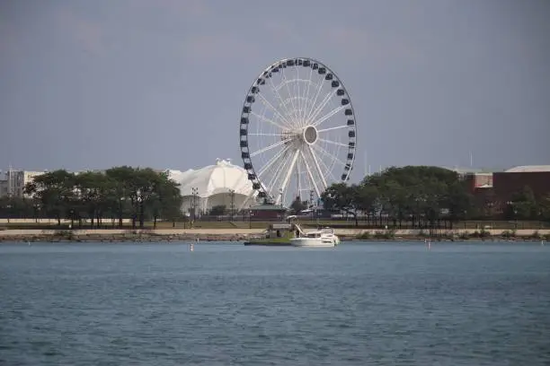 Perspective of navy pier from lakeshore