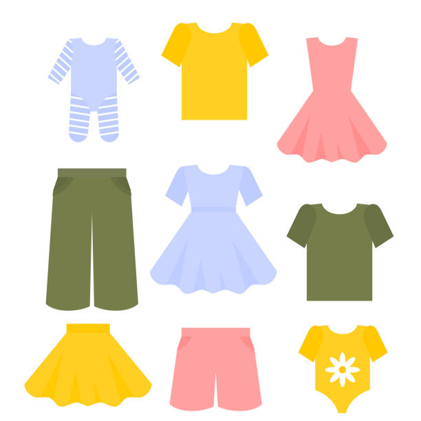 ilustrações, clipart, desenhos animados e ícones de roupas de crianças plana definida. coleção de moda de roupa de crianças. vestido, calças e t-shirt - child clothing arrangement hanger