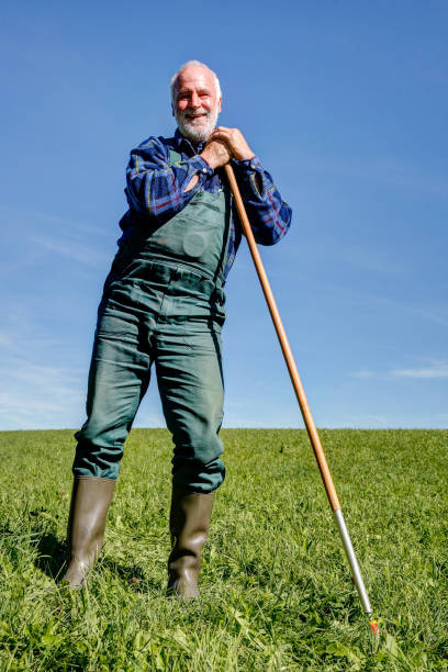 Happy farmer with green dungarees and rubber boots takes a break on his meadow on this hot, sunny late summer's day in September.