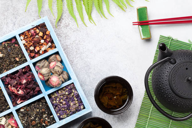 istock Various tea, teapot and sushi chopsticks. Japanese meal set 1045412946
