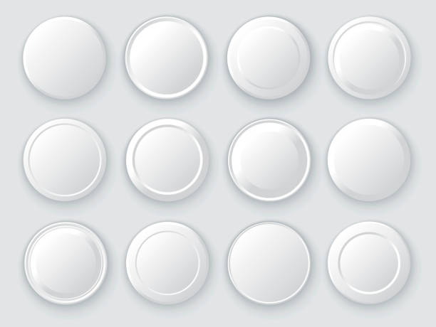 White circles. Abstract disk frames. Set of round buttons White circles. Abstract disk frames. Set of round buttons. White icon collection. Set of realistic pin buttons. Empty template convex stock illustrations