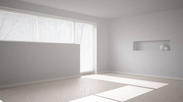 Empty room background with herringbone parquet and big window with venetian blind, white modern architecture interior design