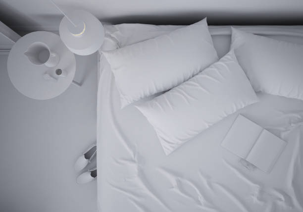 istock Total white project of minimal bedroom with double bed, contemporary architecture interior design, top view 1045425942