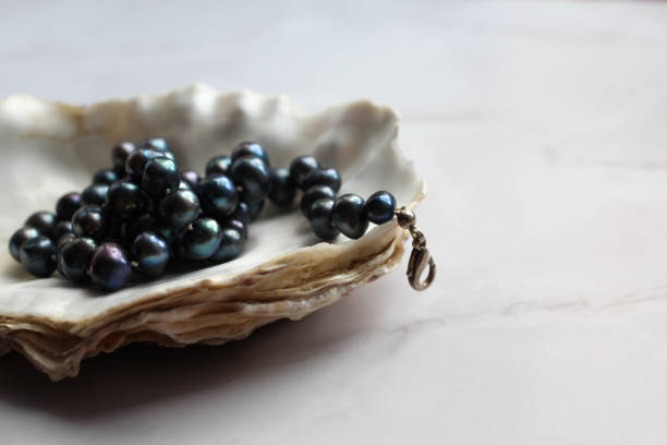 photo macro de perles noires avec des pierres précieuses sur un fond de coquille, marbre - bead bugle necklace red photos et images de collection