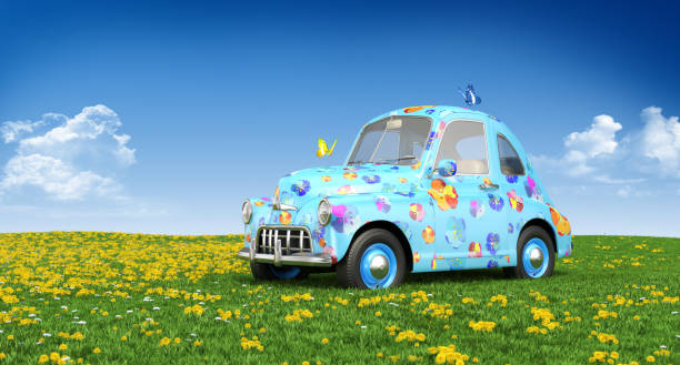 Cartoon car on a lawn. 3D illustration