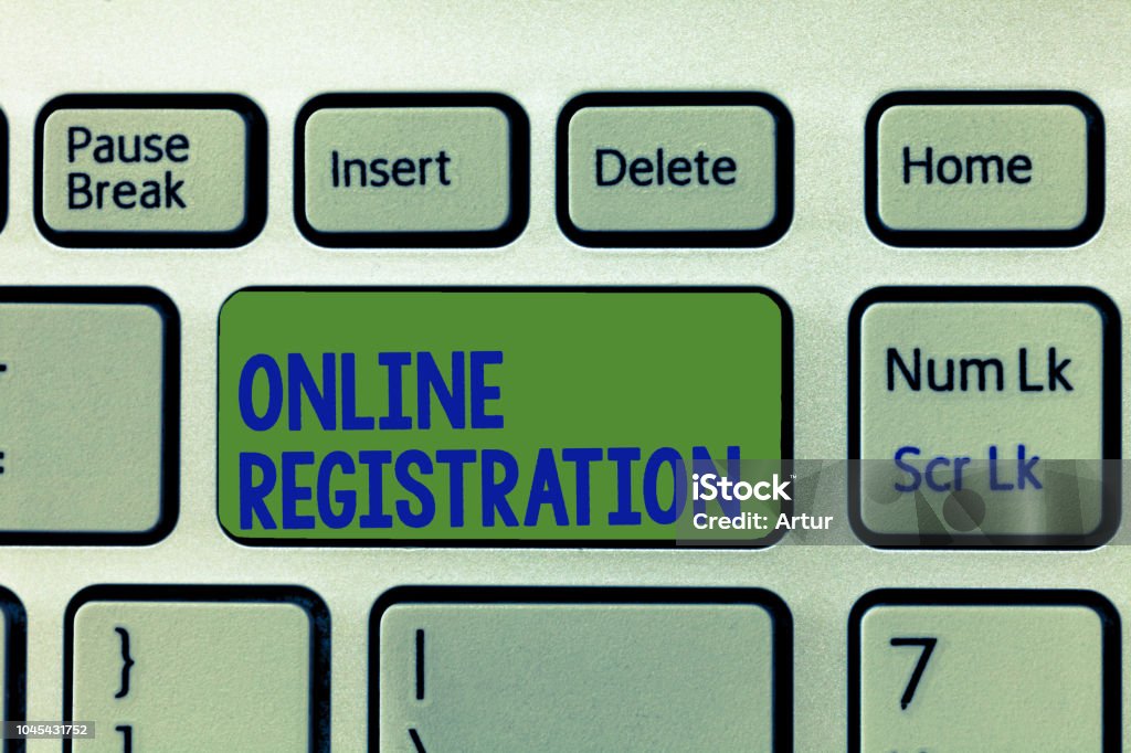 Writing note showing Online Registration. Business photo showcasing Process to Subscribe to Join an event club via Internet Writing note showing Online Registration. Business photo showcasing Process to Subscribe to Join an event club via Internet. Independence Stock Photo