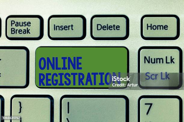 Writing Note Showing Online Registration Business Photo Showcasing Process To Subscribe To Join An Event Club Via Internet Stock Photo - Download Image Now