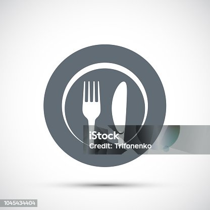 istock Icon plate with fork and knife. Logo for the restaurant and cafe. 1045434404