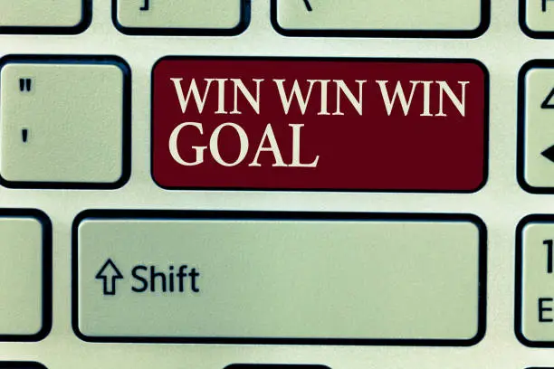 Photo of Text sign showing Win Win Win Goal. Conceptual photo Approach that aims to satisfy all parties involved