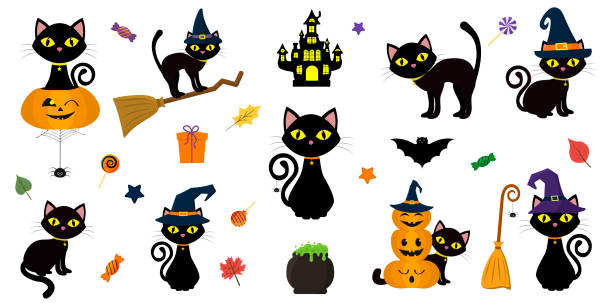 ilustrações de stock, clip art, desenhos animados e ícones de happy halloween. mega set of black cat with yellow eyes in different poses with a pumpkin, on a broomstick, in a hat of a witch and other elements isolated on a white background. cartoon, vector - halloween witchs hat witch autumn