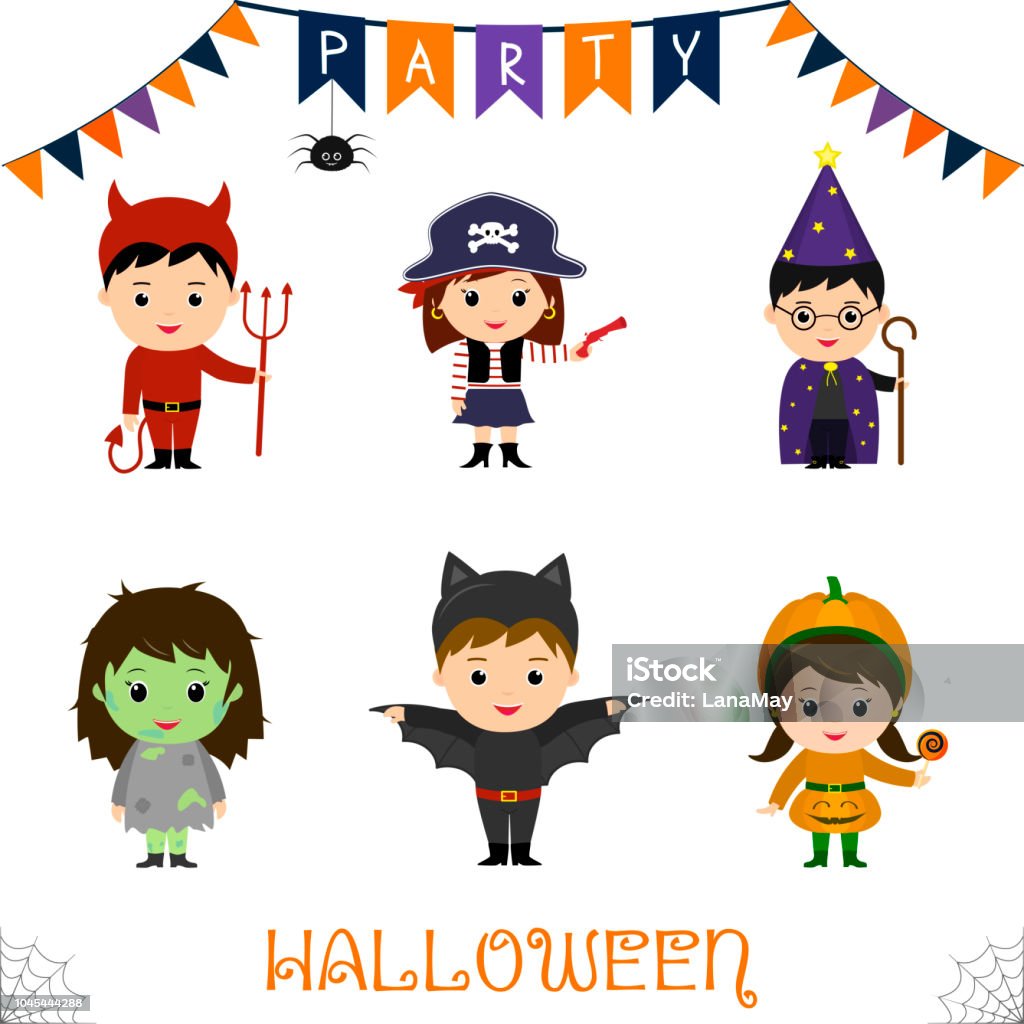 Fête de l’Halloween les enfants jeu de caractères. Enfants dans un coloré Halloween costumes diable, pirate, pistolet, astrologue, personnel, zombie, chauve-souris, citrouille dans un style cartoon. Vector, plat - clipart vectoriel de Araignée libre de droits