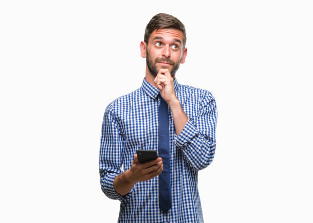 istock Young hadsome man texting sending message using smartphone over isolated background serious face thinking about question, very confused idea 1045447818
