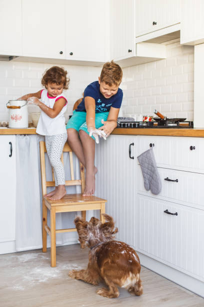 Brother and sister preparing dough for pancakes at the kitchen. stock photo