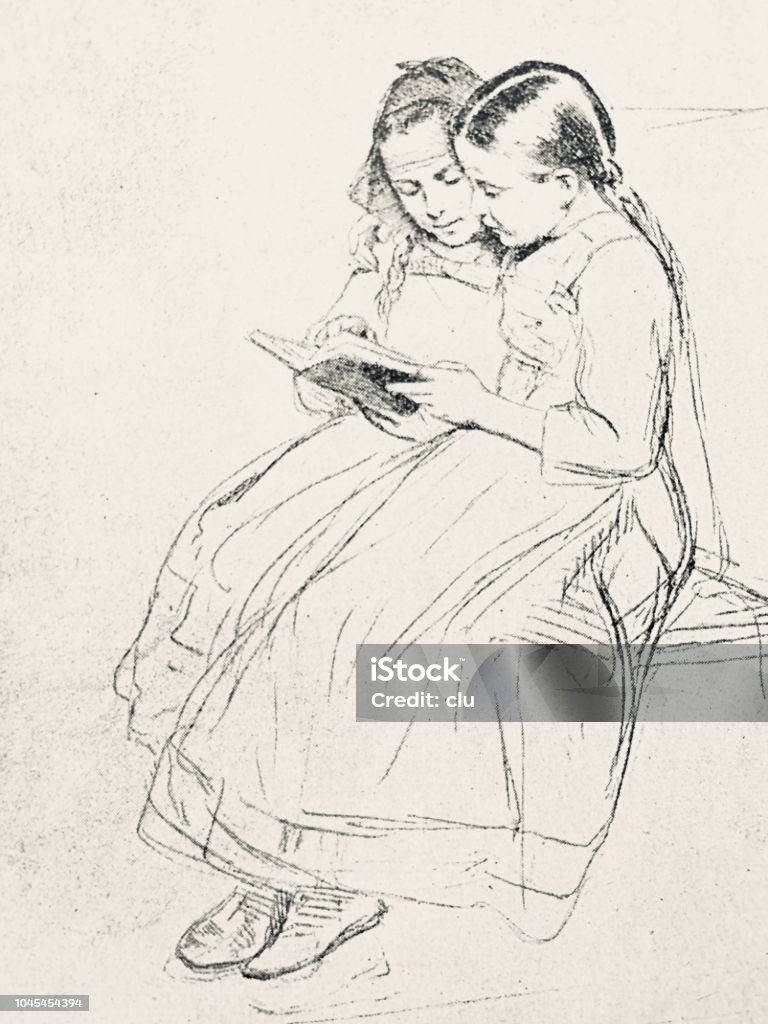 Two girls sitting on bench reading a book Illustration from 19th century Book stock illustration