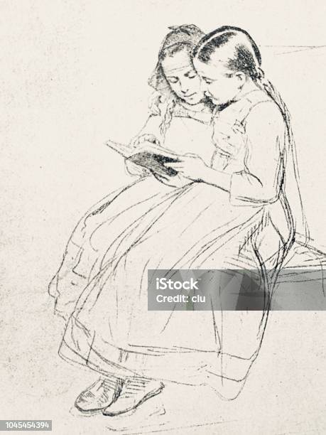 Two Girls Sitting On Bench Reading A Book Stock Illustration - Download Image Now - Book, Child, Drawing - Art Product