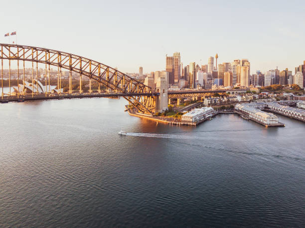 Aerial view of Sydney city skyline during sunrise.