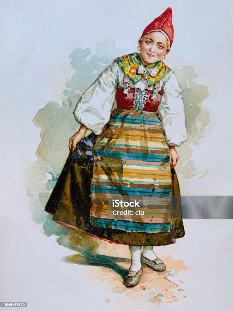 Young woman in traditional costume Illustration from 19th century 1890-1899 stock illustration