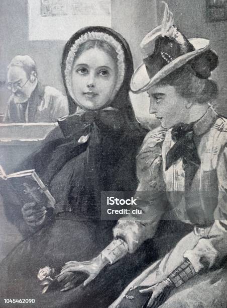 Two Girl Friends In Church Holding Hands Stock Illustration - Download Image Now - 19th Century, Two People, Women