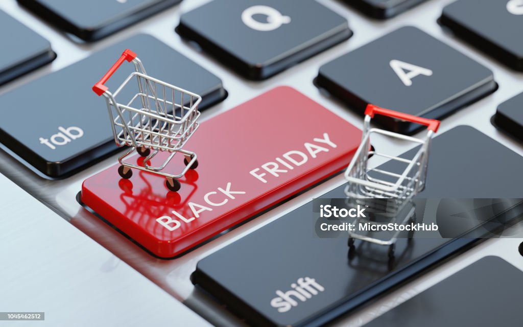 現代電腦鍵盤與購物車在黑色星期五按鈕 - 免版稅黑色星期五 - 購物活動圖庫照片