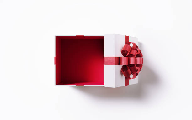 Open White Gift Box Tied With Red Ribbon On White Background