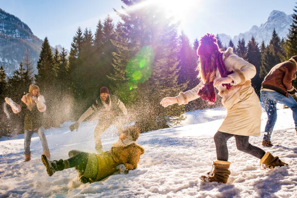istock Young adults playing on a snowy meadow 1045465536