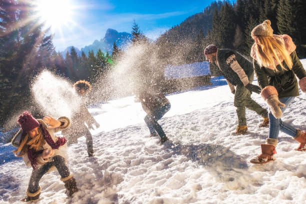 istock Young adults playing on a snowy meadow 1045465568