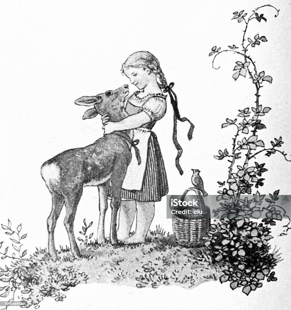 Girl embracing a deer Illustration from 19th century 1890-1899 stock illustration