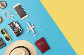 Travel accessories flat lay with copy space
