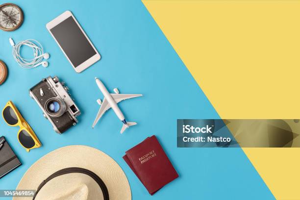 Travel Accessories Flat Lay With Copy Space Stock Photo - Download Image Now - Travel, Journey, Vacations