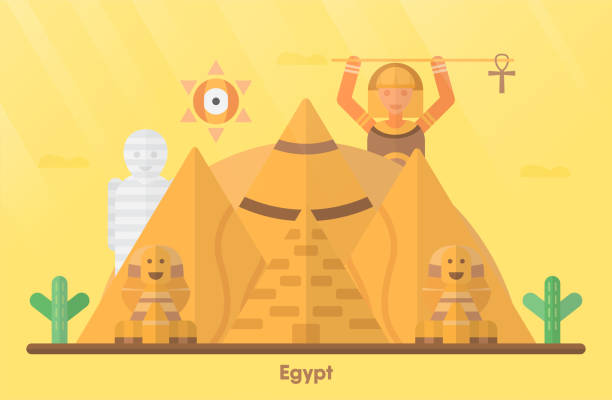 ilustrações de stock, clip art, desenhos animados e ícones de egypt landmarks for travelling with great sphinx of giza,  great pyramid of giza, mountain, cactus, mummy and pharaoh girl. vector illustration with copy space and flare of light. - sphinx night pyramid cairo