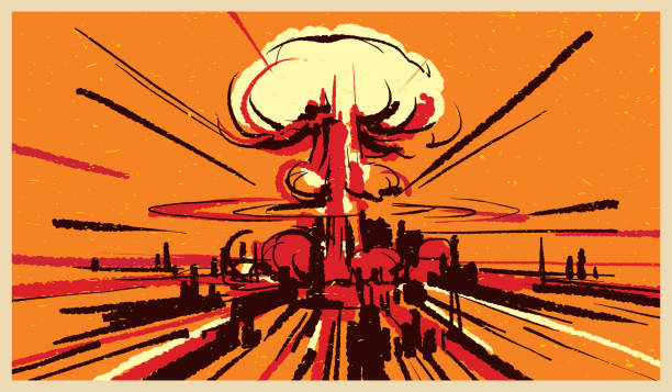 ilustraciones, imágenes clip art, dibujos animados e iconos de stock de vector de ilustración de explosión de bomba nuclear - bomba atomica