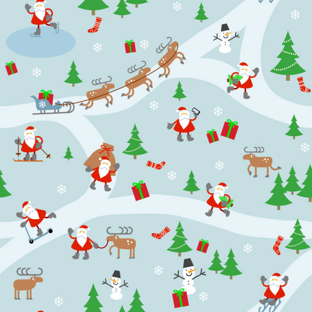 ilustraciones, imágenes clip art, dibujos animados e iconos de stock de patrón con cláusulas de santa. - wrapping paper christmas gift snowman