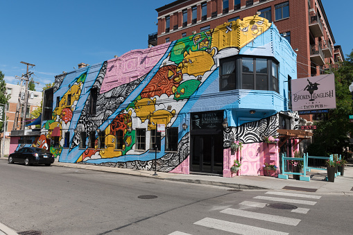 Chicago, USA - Aug 1, 2018: Late in the day the colorful Broken English Taco Pub in Old town.