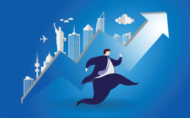 ilustraciones, imágenes clip art, dibujos animados e iconos de stock de hombre de negocios funcionando a acertado con fondo de alto nivel gráfico vector ilustración - high up finance graph determination