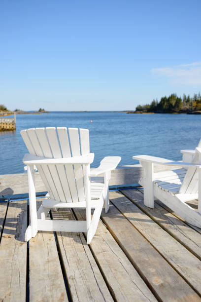 istock Adirondack Chairs with Peaceful Relaxing Sea View 1045483438