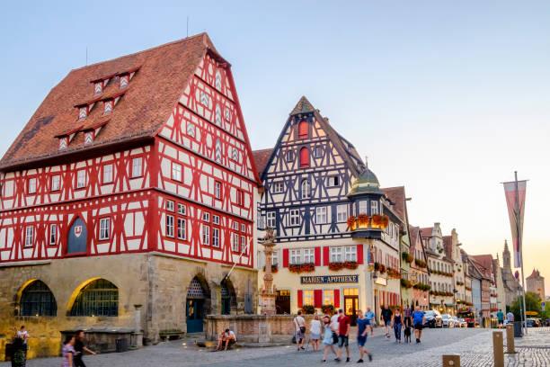 Tourists visiting the beautiful old town of Rothenburg ob der Tauber. The town is part of the famous Romantic Road (Romantische Straße), the \
