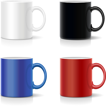 Four mugs of various colors. Coffee cups coolection vector.