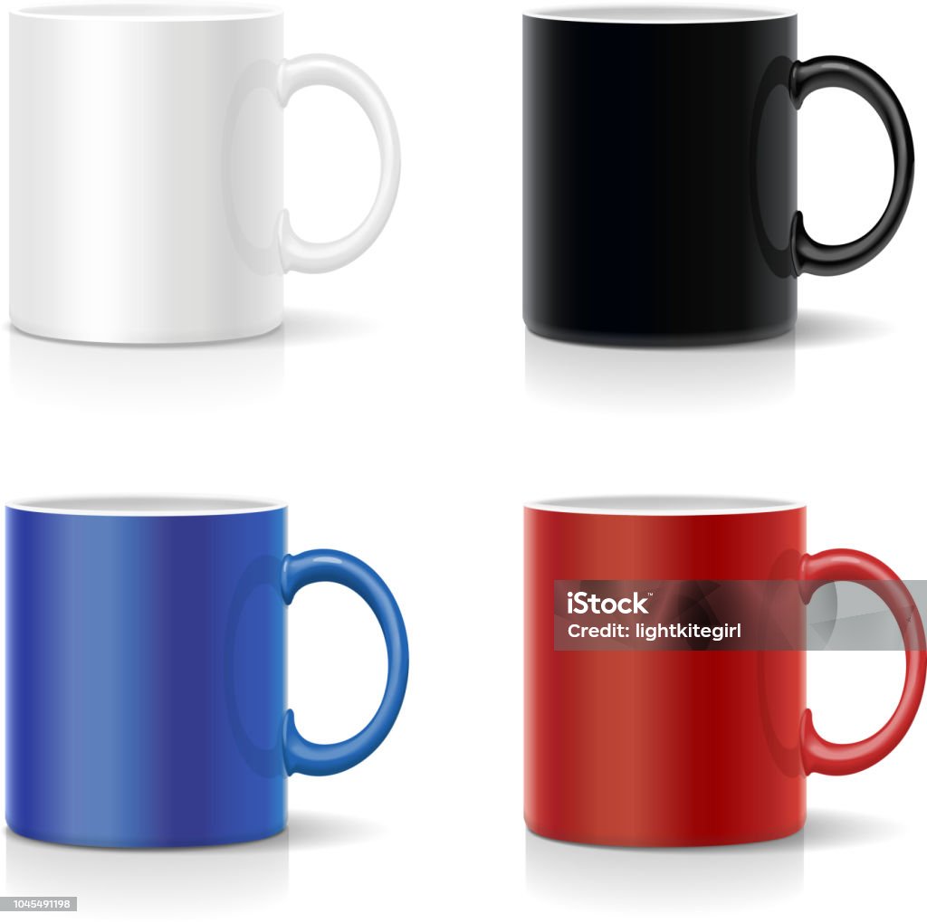 Four mugs of various colors. Coffee cups coolection vector. Mug stock vector