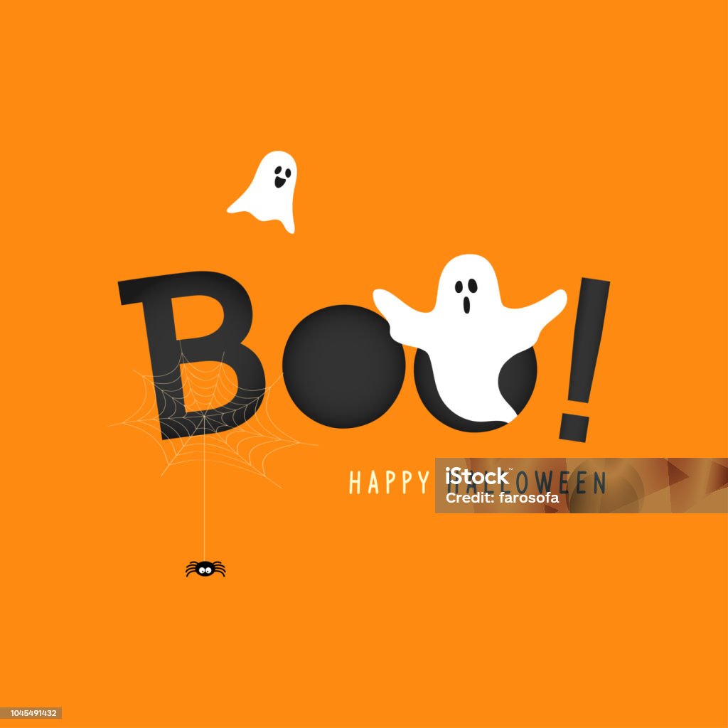 Feliz dia das bruxas cartão ilustração vetorial, Boo! com voo fantasma e spider web em fundo laranja. - Vetor de Dia das Bruxas royalty-free