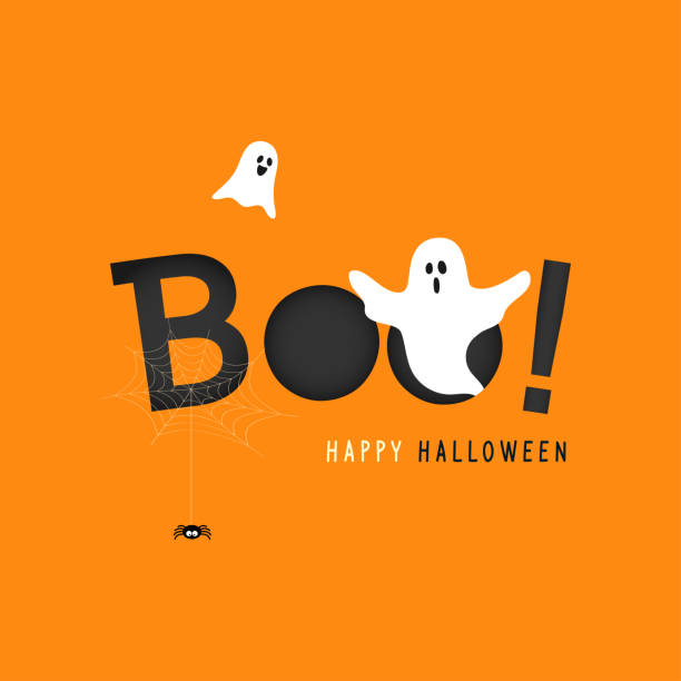 Happy Halloween greeting card vector illustration, Boo! with flying ghost and spider web on orange background. Happy Halloween greeting card vector illustration, Boo! with flying ghost and spider web on orange background. ghost stock illustrations
