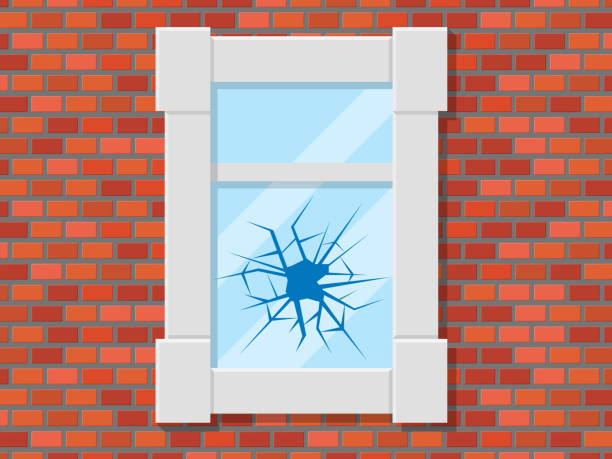 окно с разбитым стеклом на красной кирпичной стене вектор иллюстрации. разбитые окна - rotting decline backgrounds wall stock illustrations