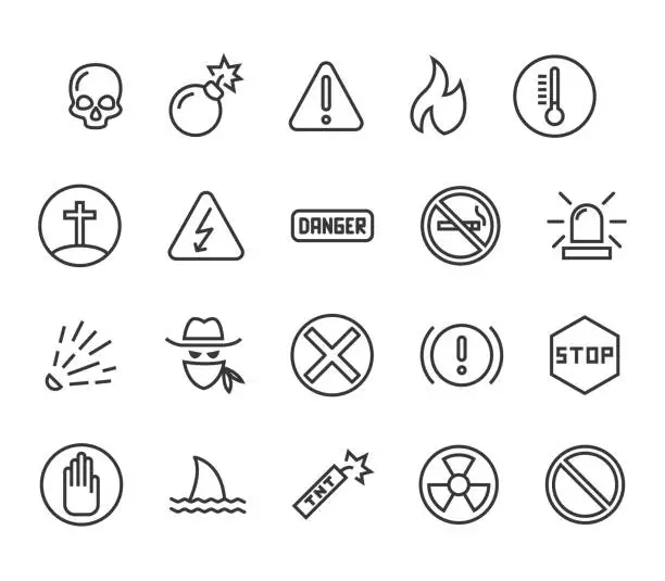 Vector illustration of Simple Set of Warnings Related Vector Line Icons. Contains such Icons as Toxic, Explosive, Flammable and more. Editable Stroke. 48x48 Pixel Perfect.