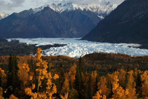 An October 2009 view of the Matanuska Glacier, and the Chugach Mountain Range, Alaska. 