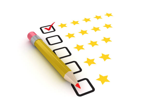 cinq étoiles d’enquête check-list avec crayon - rendu 3d - conformity checklist business success photos et images de collection