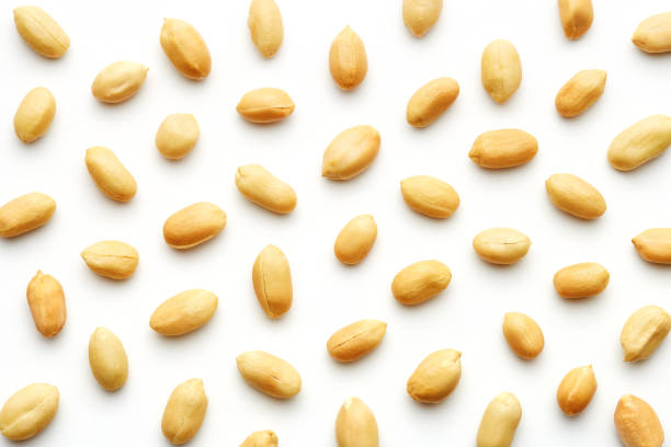 peanuts pattern isolated on a white backround. repetition concept. top view - peanut food snack healthy eating imagens e fotografias de stock