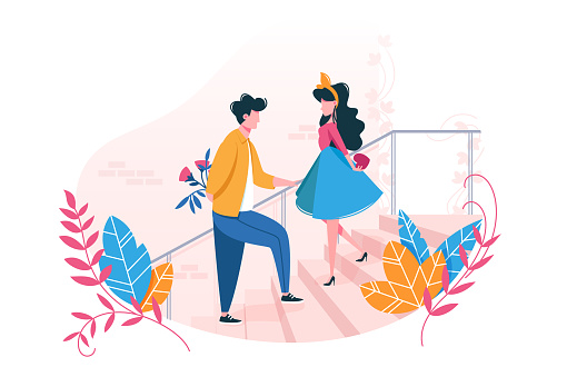 Couple in love on date. Concept Valentine s Day. Young man gives flowers to girl and girl gives her heart. Vector illustration.