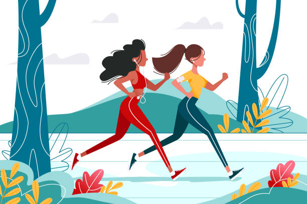 bieganie młodych dziewcząt w lesie ze słuchawkami. - sports backgrounds audio stock illustrations